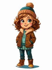 Adorable Cartoon Girl in Winter Outfit, Brown Jacket, Cute