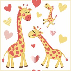 Adorable Giraffe Family with Hearts: Cute Cartoon Illustration