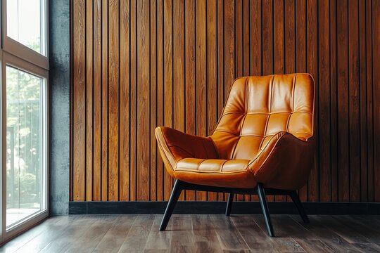 Ein edler brauner Ledersessel vor einer Holzwand 