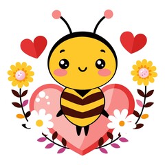 Cute Cartoon Bee on Heart with Flowers, Valentine's Day