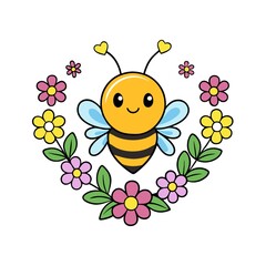 Cute Cartoon Bee with Flowers, Heart Shape Floral Wreath, Honeybee Illustration