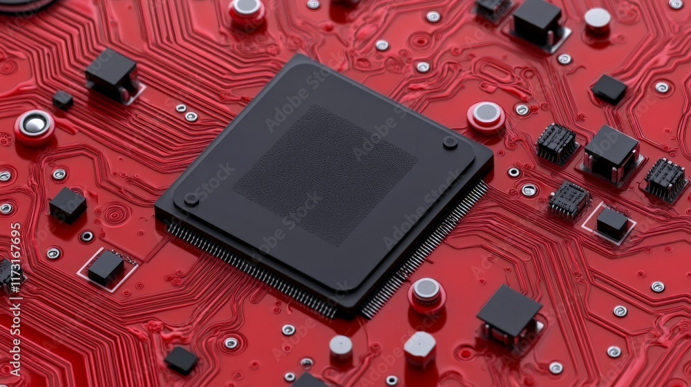 Poster red motherboard with cpu: a close-up shot of a red motherboard with a black cpu in the center.