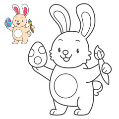 Rabbit with Easter egg coloring book with coloring example for kids. Coloring page with cute bunny. Black and white and color version. Vector children's illustration.