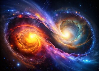 Cosmic Collision: Silhouette of Two Galaxies Merging in Abstract Nebula