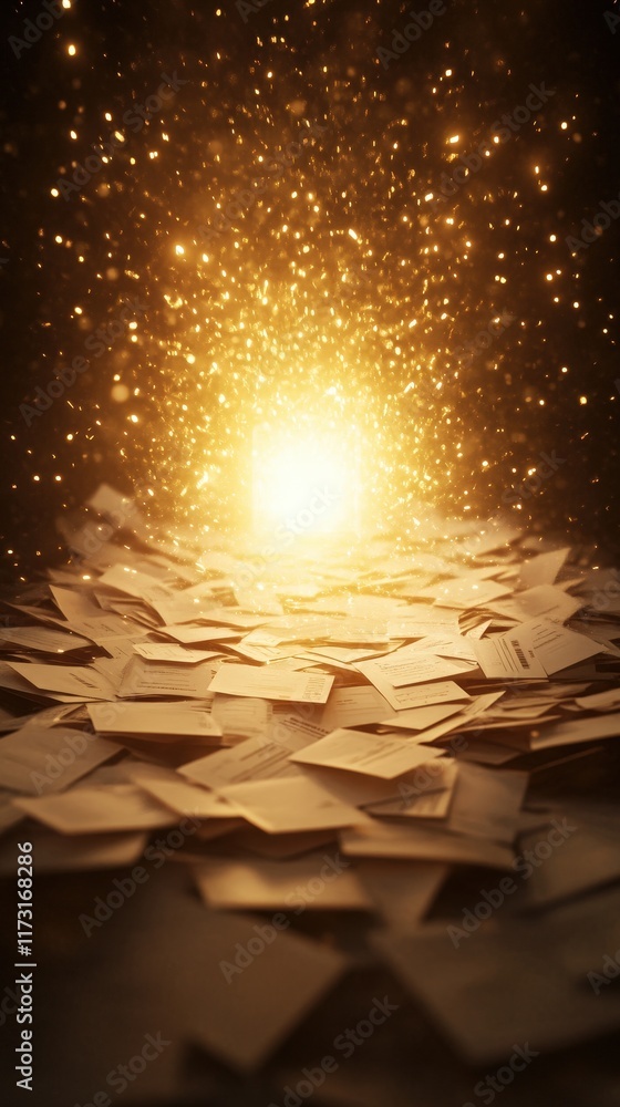 Aufkleber a glowing light emerges from a sea of scattered papers, surrounded by shimmering particles, creating