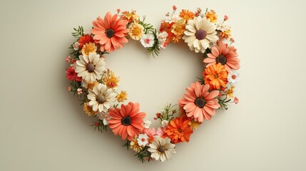 Heart-Shaped Floral Arrangement with Colorful Flowers and Greenery on a Light Background for Romantic Decor and Celebratory Events