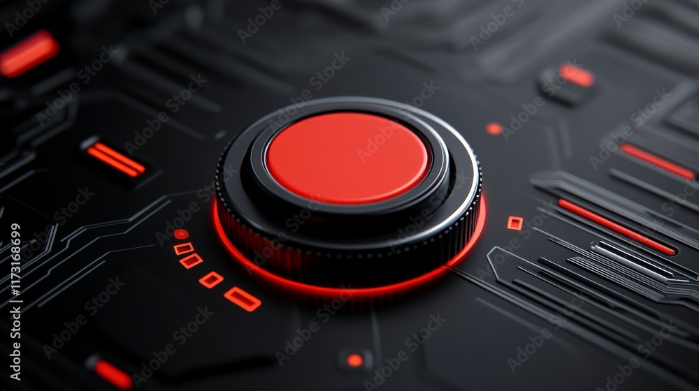 Aufkleber red button control panel: close-up of a sleek, futuristic red button control panel with glowing red 