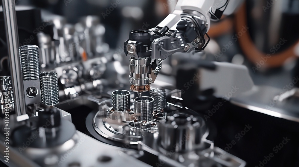 Poster robotic arm assembling components on production line in factory setting