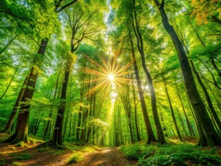 Obraz premium Illuminated Forest Panoramic, Lush Green Nature, Vibrant Foliage, Sunlight Rays, Colorful Scenery