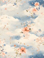 A dreamy floral pattern with soft clouds, stars, and pastel-colored blossoms floating in the sky