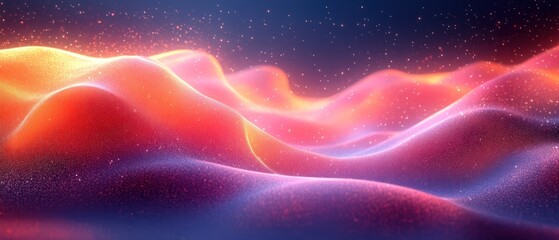 Obraz premium Abstract digital landscape with flowing waves and glowing particles.