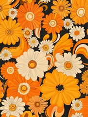 A retro 1970s floral pattern with bold daisies, sunflowers, and psychedelic swirls in warm oranges and yellows