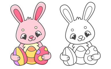 Pink rabbit with Easter eggs coloring book with coloring example for kids. Coloring page with cute bunny. Black and white and color version. Vector children's illustration.
