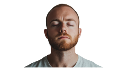 A calm man with closed eyes and a beard reflects in a moment of peace against a transparent background.