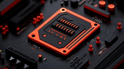 High-Tech Circuit Board Detail: Close-up view of a sophisticated black and orange circuit board, showcasing intricate technological components and design elements.