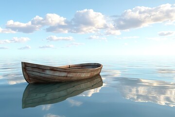 Fototapeta premium Tranquil Wooden Rowboat on Calm Water Under a Cloudy Sky