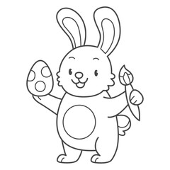 Cute rabbit with Easter egg and paint brush coloring book for kids. Coloring page with Easter bunny. Monochrome black and white illustration. Vector children's illustration.