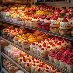 Fototapeta premium A Colorful Display of Gourmet Cupcakes in a Bakery Showcase with Various Toppings and Flavors for Dessert Lovers and Sweet Treat Enthusiasts