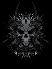 Stylized grayscale skull surrounded by abstract, sharp, dark elements.