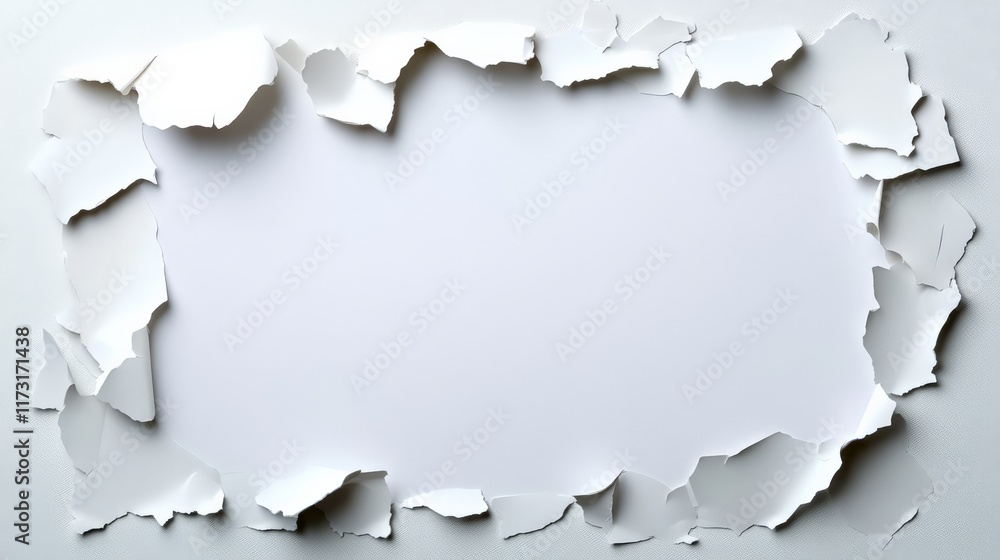 Poster torn paper frame: a minimalist design featuring a rectangular frame of torn white paper against a wh