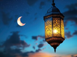 Obraz premium A lantern with an Islamic pattern on it, glowing in the night sky above an ancient mosque, symbolizing Ramadan