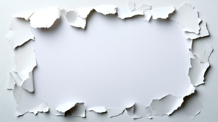 Torn Paper Frame: A minimalist design featuring a rectangular frame of torn white paper against a white background, creating a stylish and versatile template for various design projects.