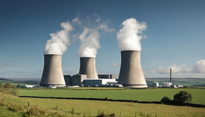 Large nuclear power plant with cooling towers emitting steam in a rural landscape under blue sky