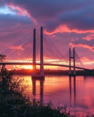 Obraz premium Vibrant sunset over a cable-stayed bridge reflecting in calm water.
