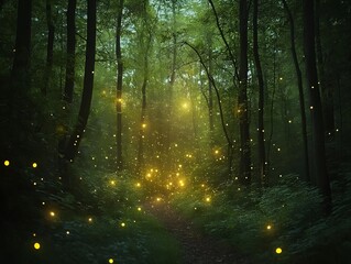 Obraz premium a forest scene with glowing yellow lights, soft light and trees, creates a magical and serene nature view.