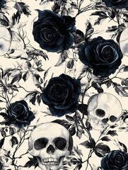 Gothic-inspired floral design with black roses, skull accents, and metallic silver highlights