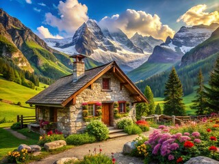 Fototapeta premium Cozy Mountain Cottage Retreat: Charming Rustic Cabin in Scenic Alpine Landscape