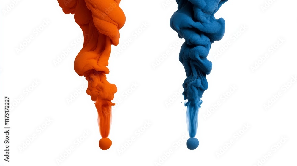 Poster Abstract Ink Drops: Dynamic orange and blue ink swirls in elegant, vertical columns, creating a visually striking and artistic image. Perfect for design projects needing a vibrant and modern touch. 