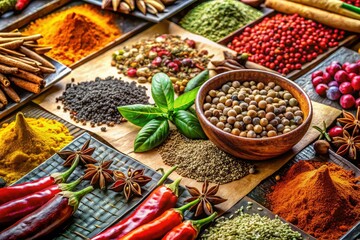 Fototapeta premium Macro Hand-Drawn Spice & Herb Card Design: Detailed Botanical Illustrations