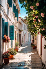 Charmante Gasse mit bl&uuml;henden Blumen und historischen Fenstern

