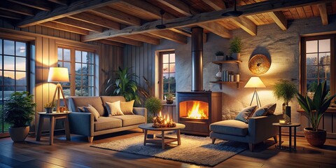 Fototapeta premium Cozy Scandinavian Living Room with Burning Wood Stove at Night