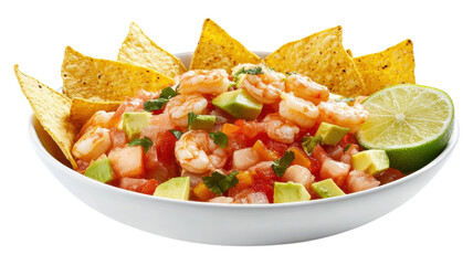 A colorful shrimp ceviche served with crispy tortilla chips and lime wedges in a white bowl.