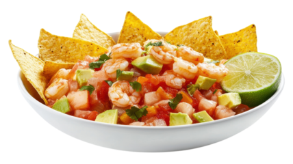 A colorful shrimp ceviche served with crispy tortilla chips and lime wedges in a white bowl.