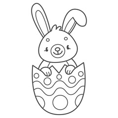 Cute rabbit in the Easter egg coloring book for kids. Coloring page with Easter bunny. Monochrome black and white illustration. Vector children's illustration.