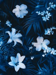 Tropical night garden theme with moonlit flowers, dark blues, and glowing white blossoms