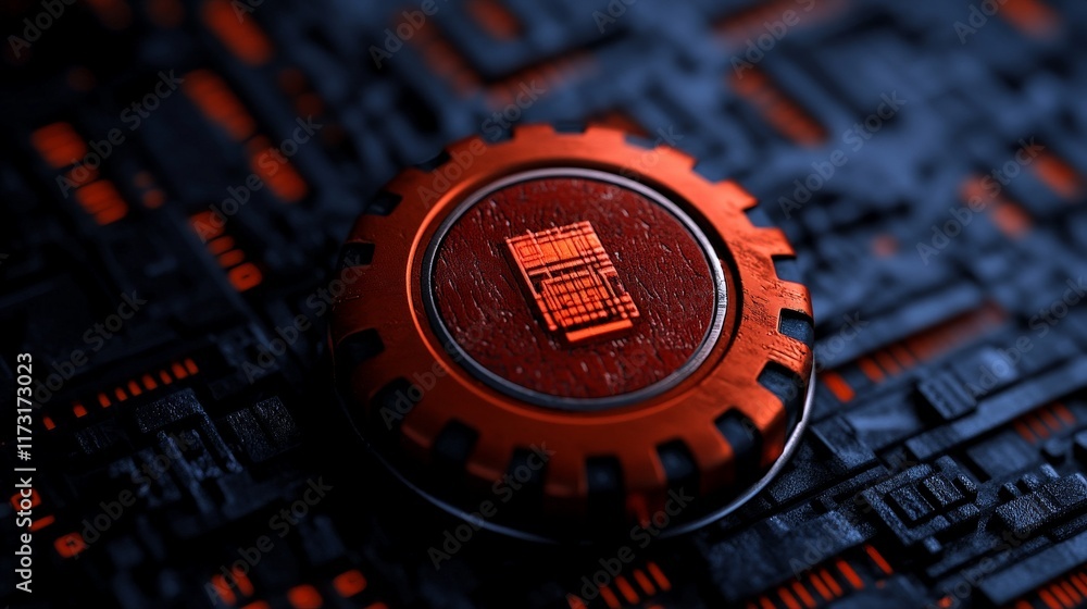 Poster circuitry cog: a rusty cog with a digital clock face sits on a circuit board, a symbol of the interc