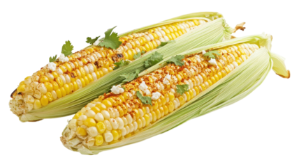Grilled corn on the cob garnished with herbs served on a rustic wooden table in a summer picnic setting.