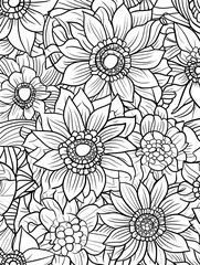 Zentangle-inspired floral illustration with intricate patterns and symmetrical mandalas, black-and-white