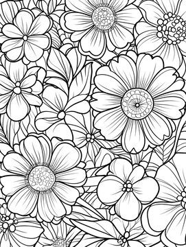 Zentangle-inspired floral illustration with intricate patterns and symmetrical mandalas, black-and-white