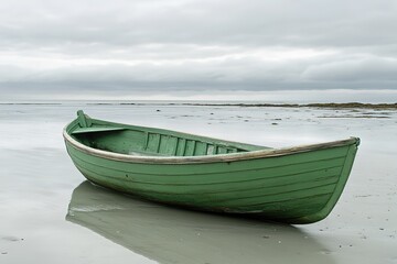 Naklejka premium Vintage Green Rowboat on a Cloudy Beach