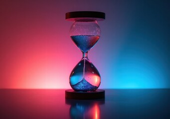 Hourglass filled with vibrant blue sand against a colorful background at night