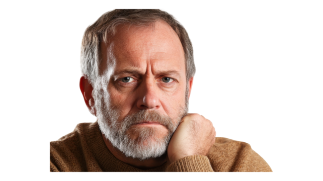Thoughtful man with a beard resting his chin on his hand, reflecting in a casual setting, indoors.