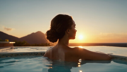 Relaxing in a tranquil infinity pool during sunset with mountain views in the background