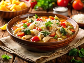 Creamy Italian Chicken Pasta Soup with Parmesan Cheese - Bokeh Background