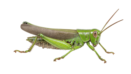 Detailed green grasshopper in profile view, isolated on a transparent background