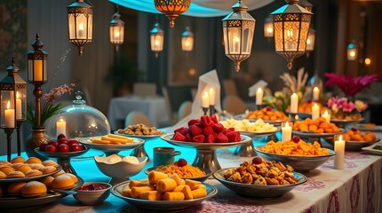 Naklejka premium Delicious Ramadan Buffet Table Festive Lanterns Sweet Treats
